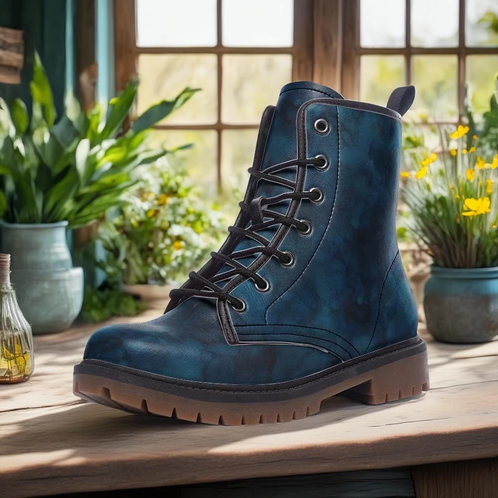 Dark Teal Blue Alcohol Ink Watercolor Vegan Combat Boots, Artistic Chunky Lace-Up Ankle Boots, Fairy Grunge Indigo Boho Festival Footwear