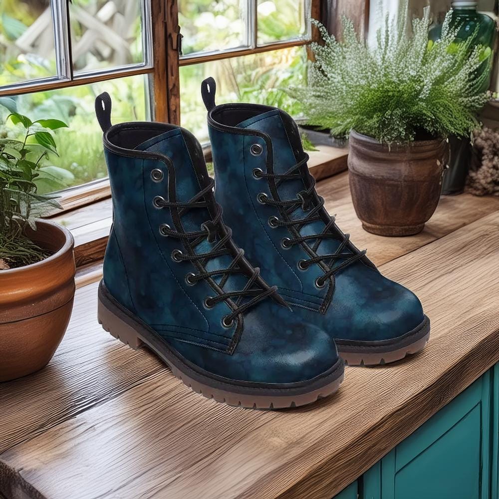 Dark Teal Blue Alcohol Ink Watercolor Vegan Combat Boots, Artistic Chunky Lace-Up Ankle Boots, Fairy Grunge Indigo Boho Festival Footwear