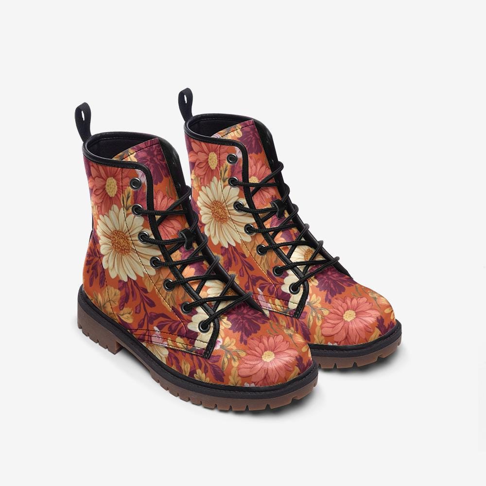 Fall Vintage Floral Print Vegan Leather Lightweight combat boots