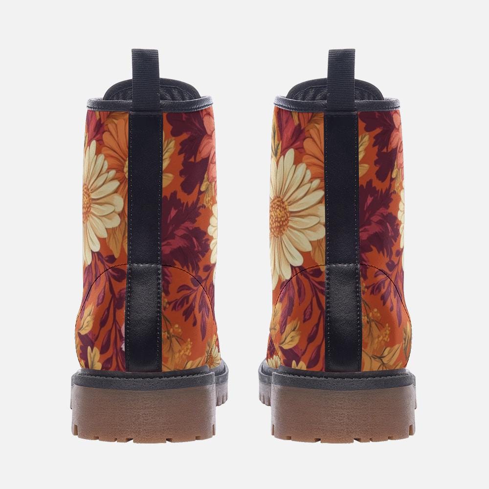 Fall Vintage Floral Print Vegan Leather Lightweight combat boots