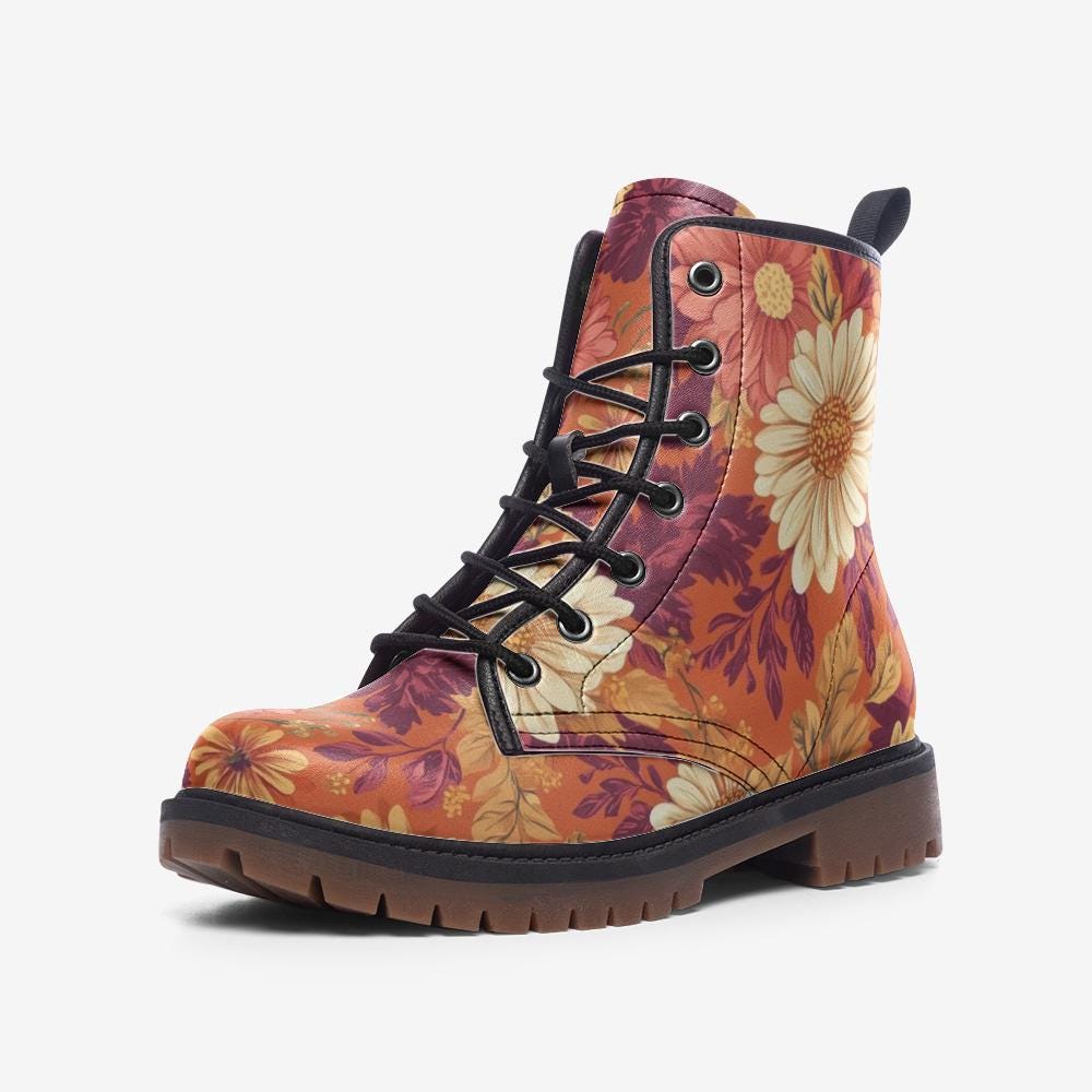 Fall Vintage Floral Print Vegan Leather Lightweight combat boots