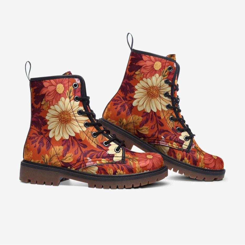 Fall Vintage Floral Print Vegan Leather Lightweight combat boots