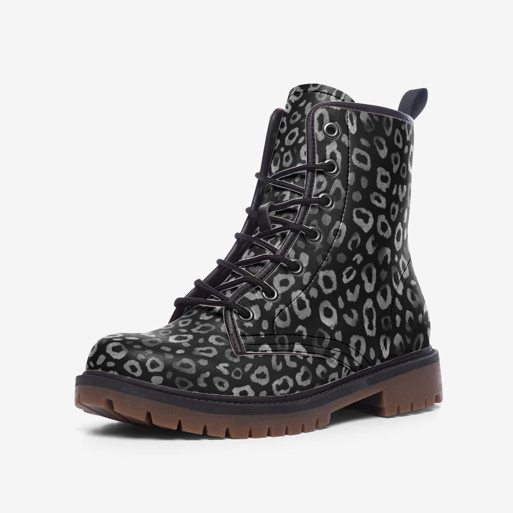 Black Leopard Print Casual Vegan Leather boots