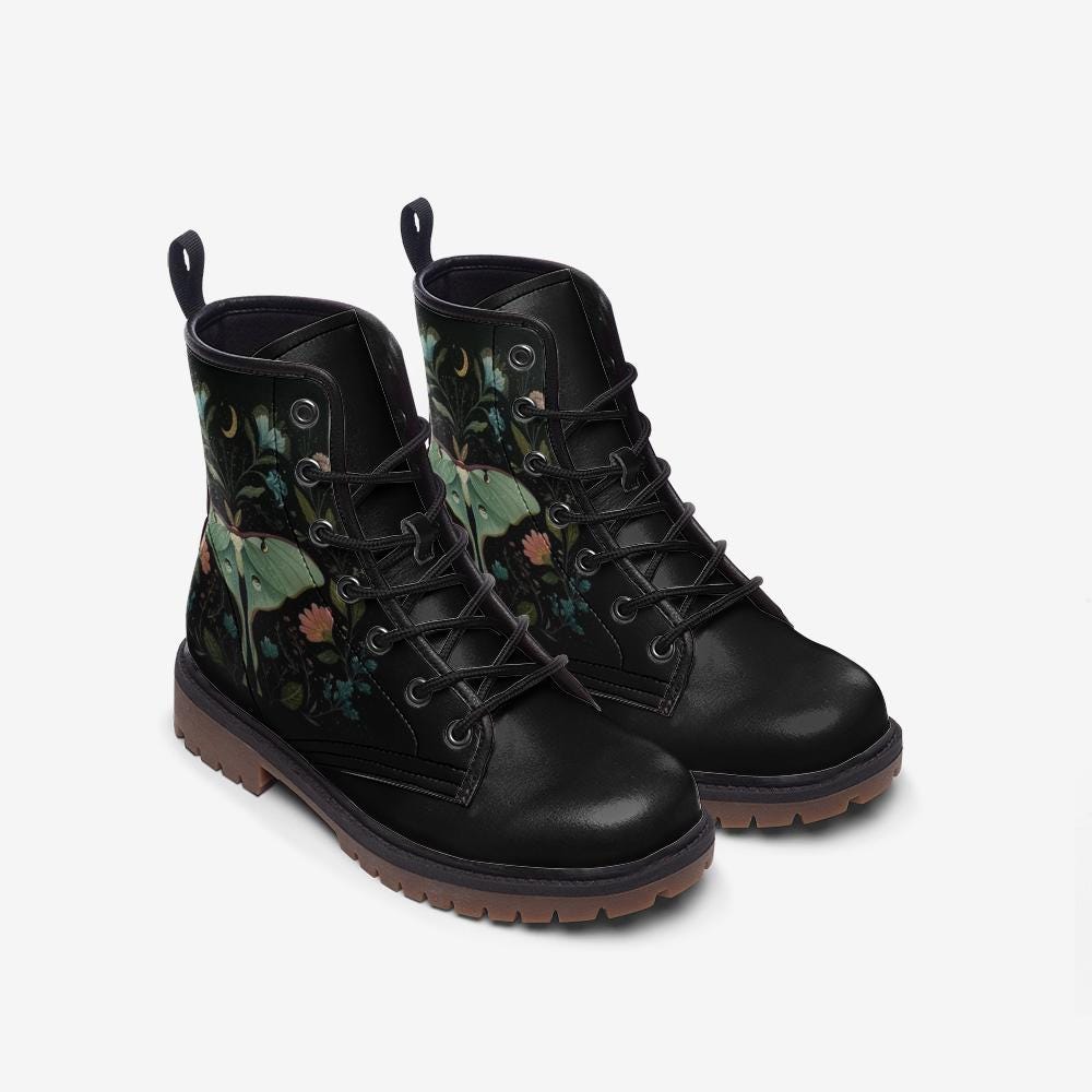 Luna Moth Vegan Combat Boots: Dark Floral Gothic Lace-Up