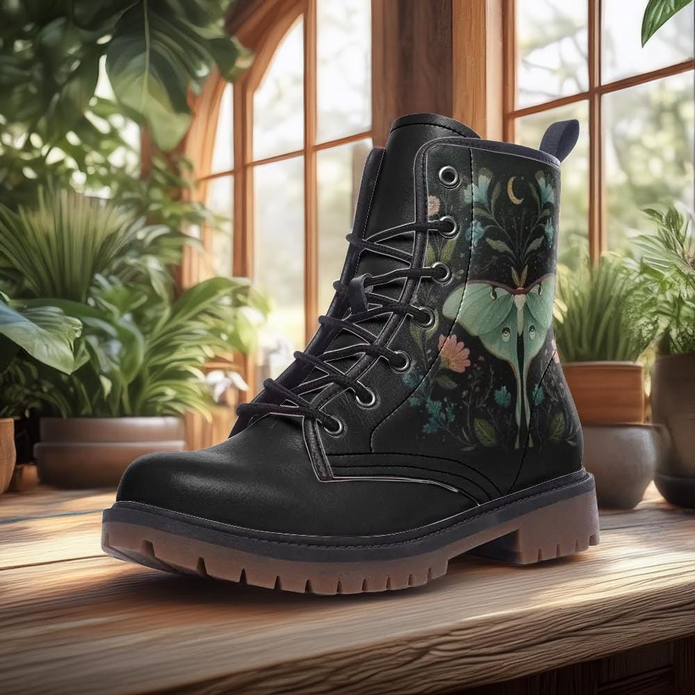 Luna Moth Vegan Combat Boots: Dark Floral Gothic Lace-Up