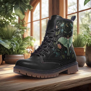 Luna Moth Vegan Combat Boots: Dark Floral Gothic Lace-Up
