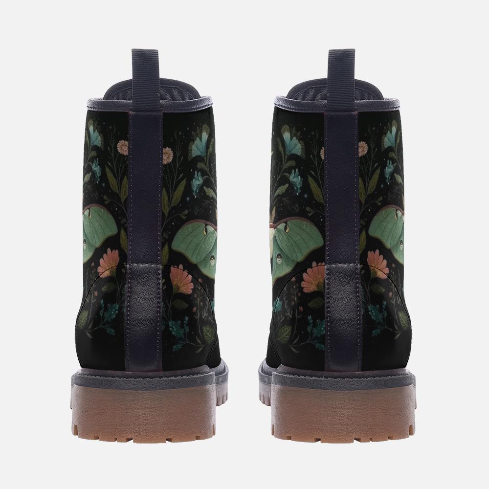 Luna Moth Vegan Combat Boots: Dark Floral Gothic Lace-Up