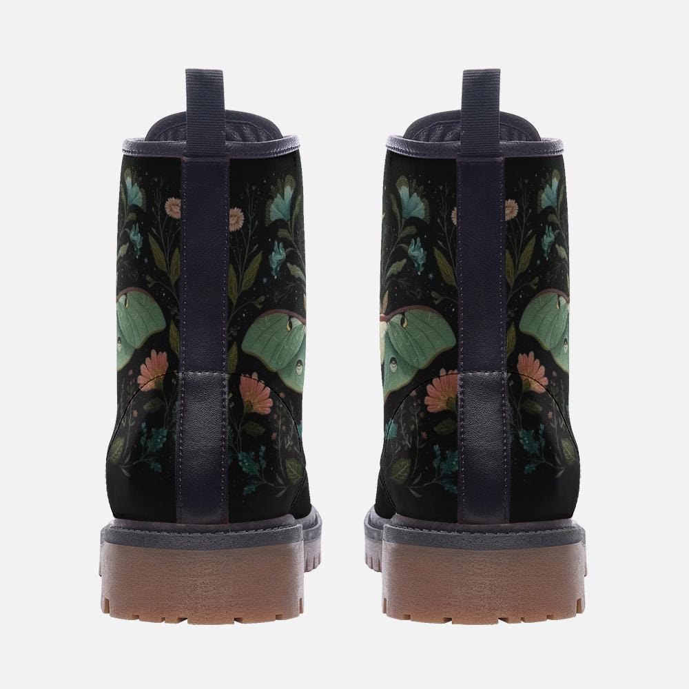 Luna Moth Vegan Combat Boots: Dark Floral Gothic Lace-Up