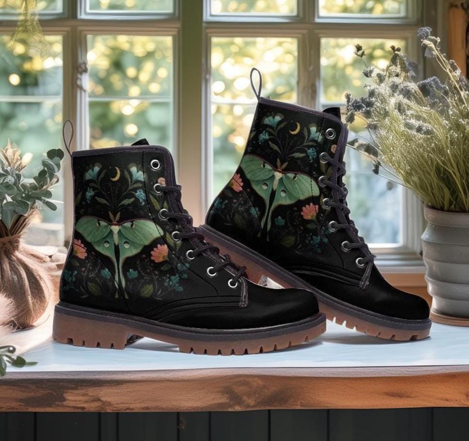 Luna Moth Vegan Combat Boots: Dark Floral Gothic Lace-Up