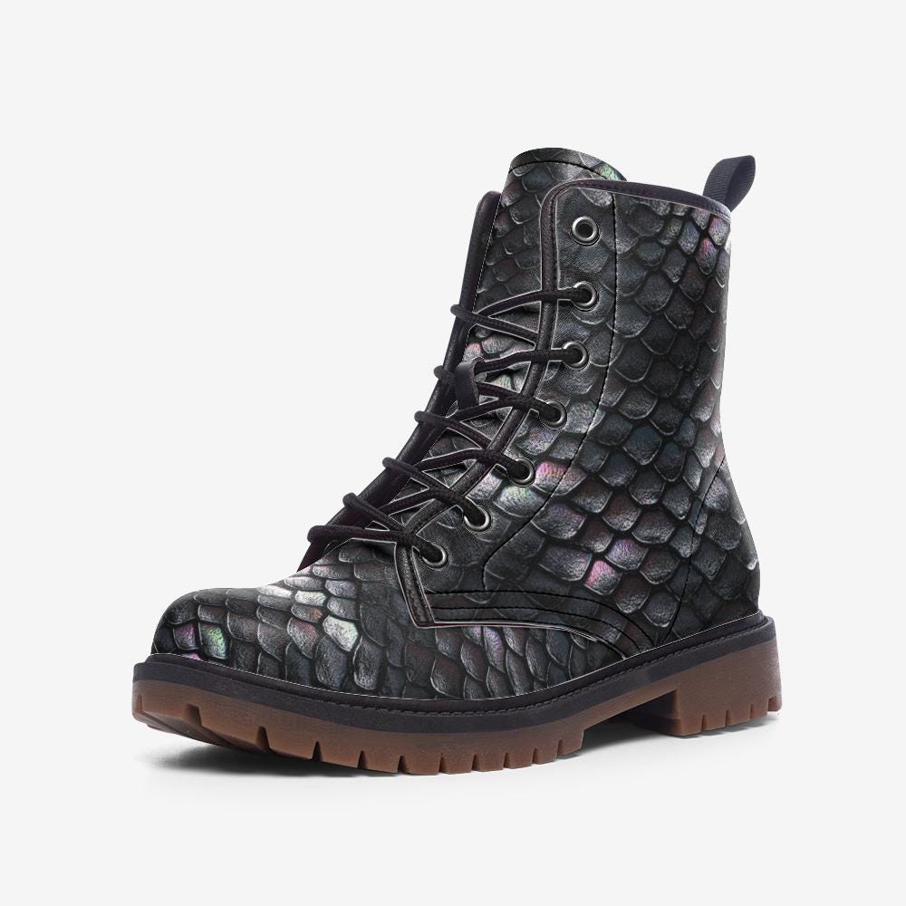 Iridescent Snakeskin Pattern - Vegan Leather Lightweight Combat Lace Up Boots