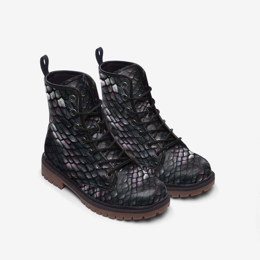 Iridescent Snakeskin Pattern - Vegan Leather Lightweight Combat Lace Up Boots