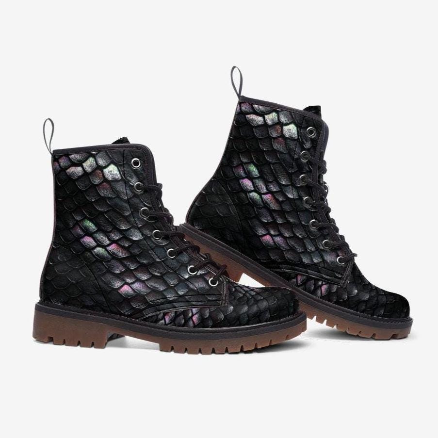 Iridescent Snakeskin Pattern - Vegan Leather Lightweight Combat Lace Up Boots