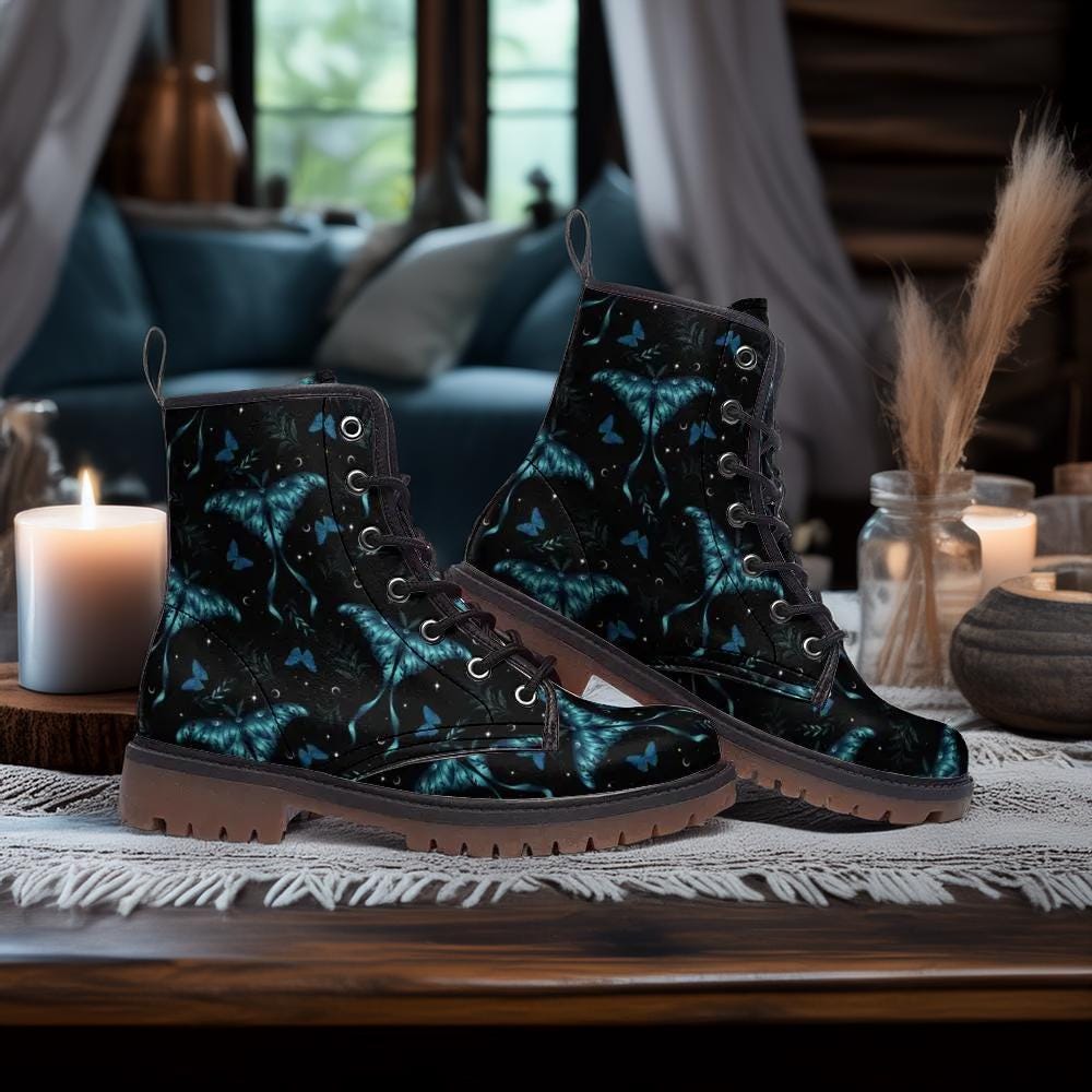 Teal Luna Moths & Moons Vegan Combat Boots, Boho Luna Moth Boots, Witchy Butterfly Boots, Fairy Grunge Lace Up Boots, Dark Coquette Boots