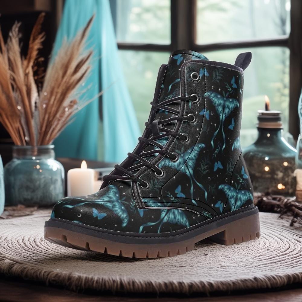 Teal Luna Moths & Moons Vegan Combat Boots, Boho Luna Moth Boots, Witchy Butterfly Boots, Fairy Grunge Lace Up Boots, Dark Coquette Boots