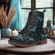 Teal Luna Moths & Moons Vegan Combat Boots, Boho Luna Moth Boots, Witchy Butterfly Boots, Fairy Grunge Lace Up Boots, Dark Coquette Boots
