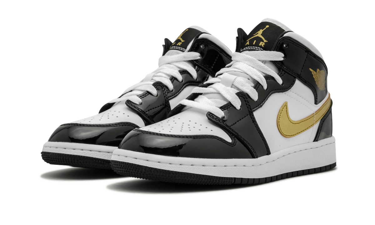 Nike Air Jordan 1 Mid SE GS "Black Gold Patent Leather" BQ6931 007