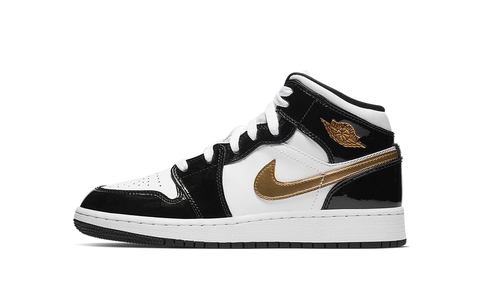 Nike Air Jordan 1 Mid SE GS "Black Gold Patent Leather" BQ6931 007