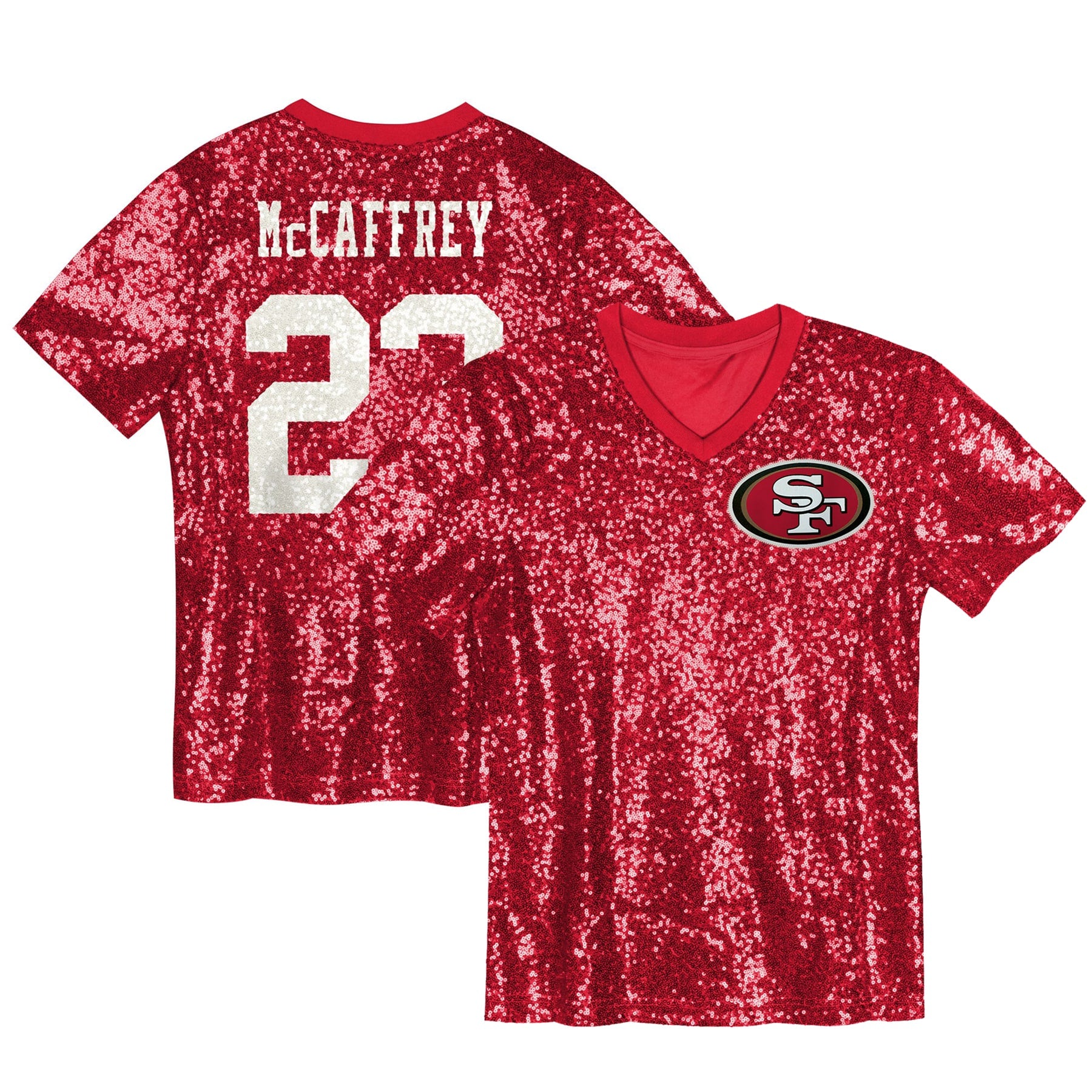 Christian McCaffrey San Francisco 49ers Women's Player Name &amp; Number V-Neck Fashion Jersey - Scarlet