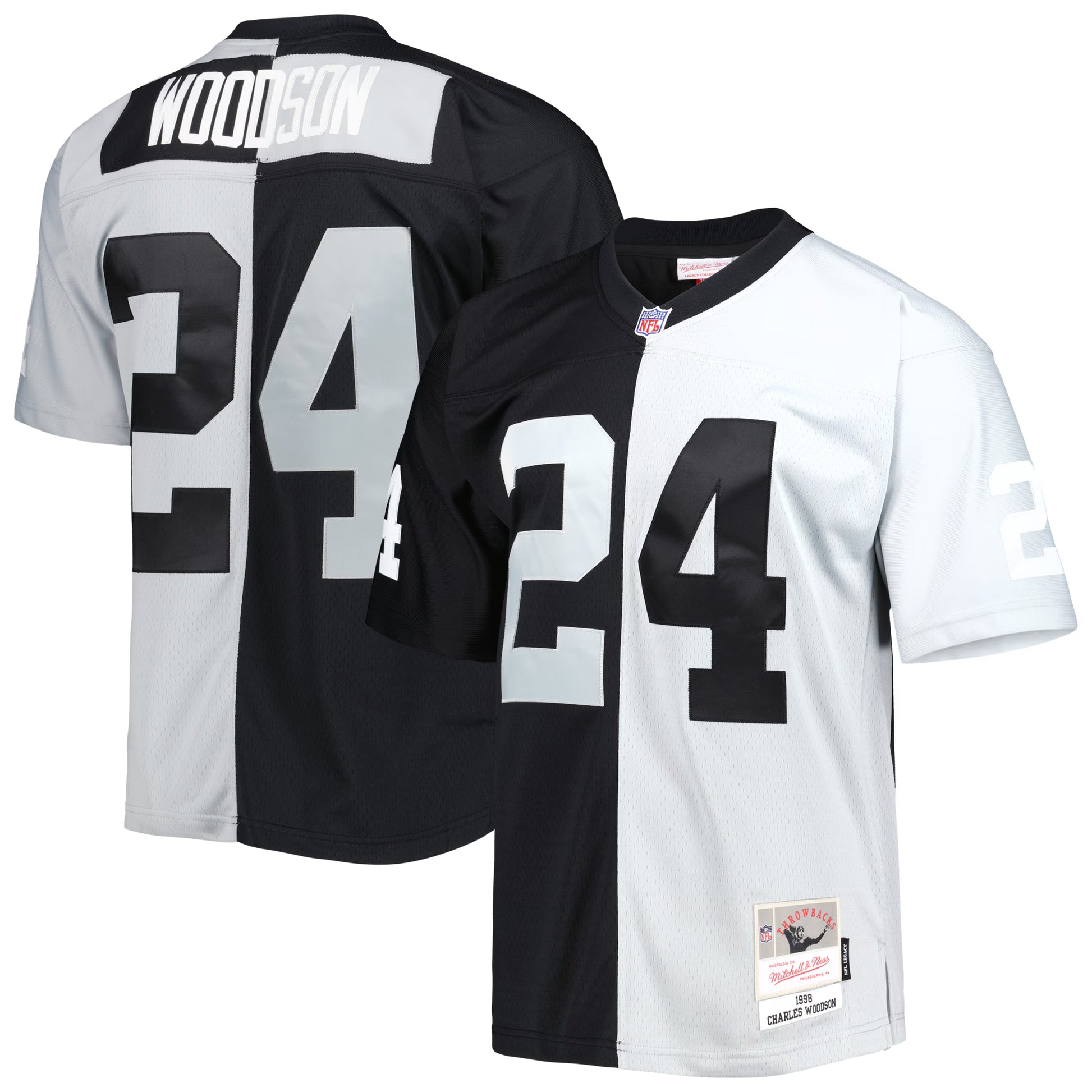 Charles Woodson Las Vegas Raiders Mitchell &amp; Ness 1998 Split Legacy Replica Jersey - Black/Silver